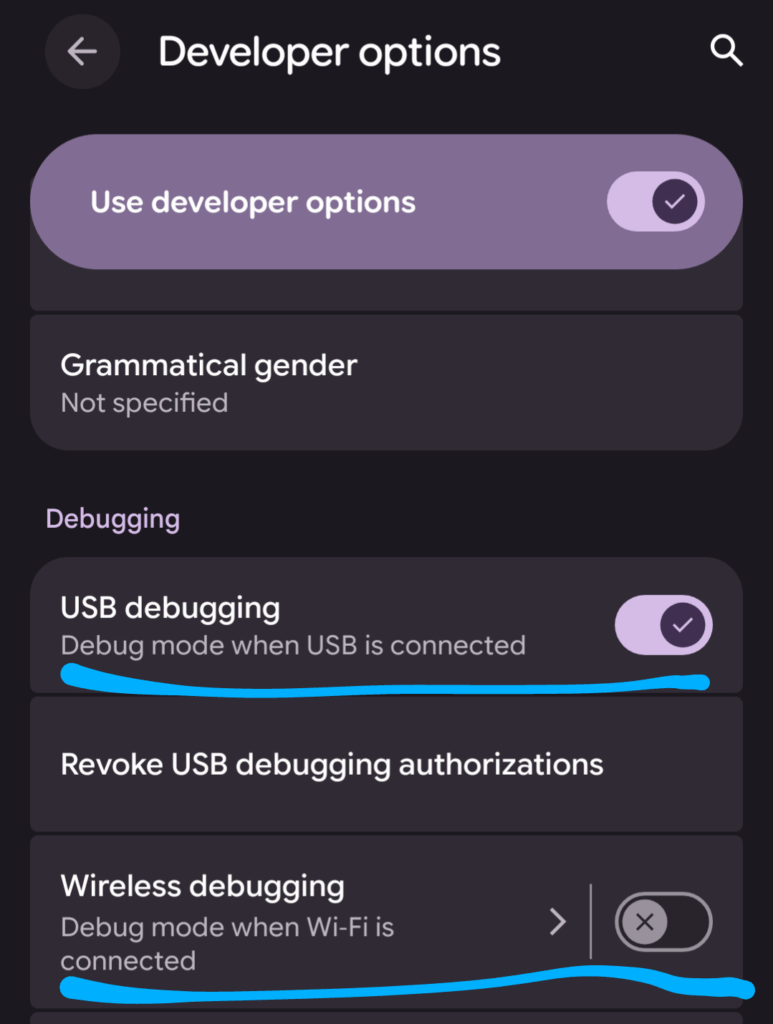 Настройки отладки в настройках разработчика