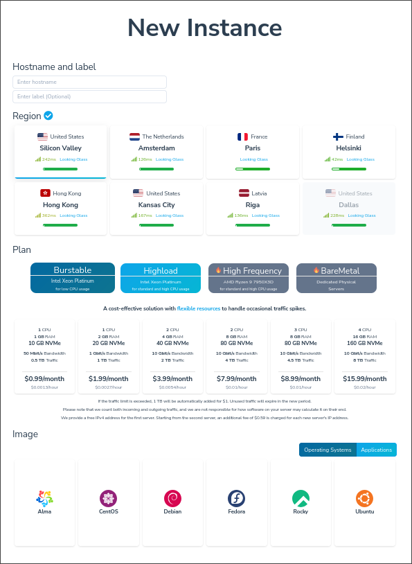 Интерфейс создания сервера hvds